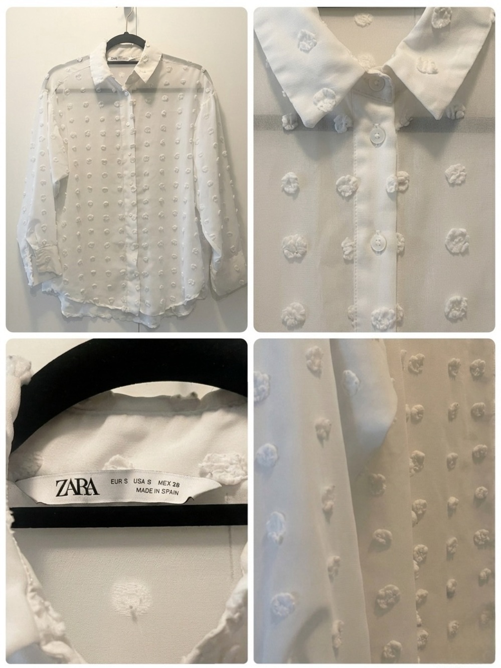 ZARA Cream Off White Sheer Pom Polka Dot Texture Romantic Button Front Blouse